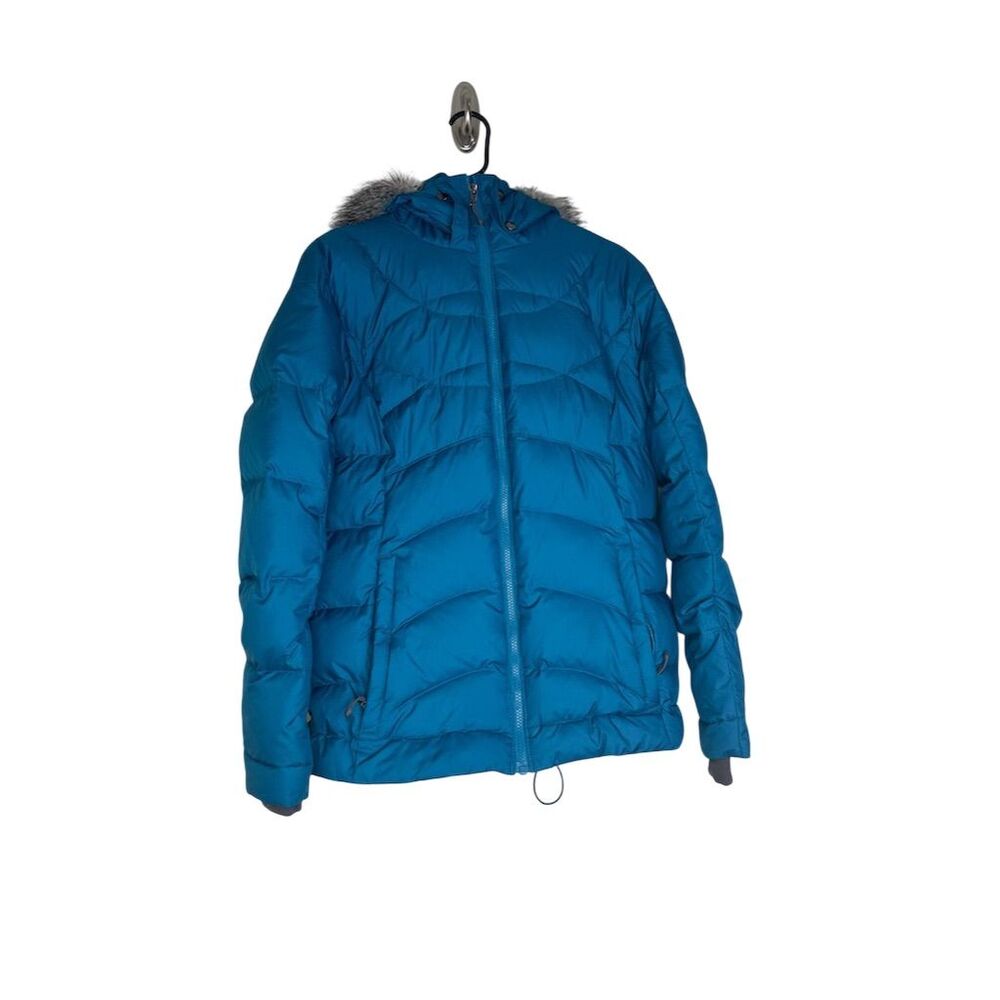 Columbia Women's Blue Puffer Jacket Large Fur Trim Hood Winter Casual